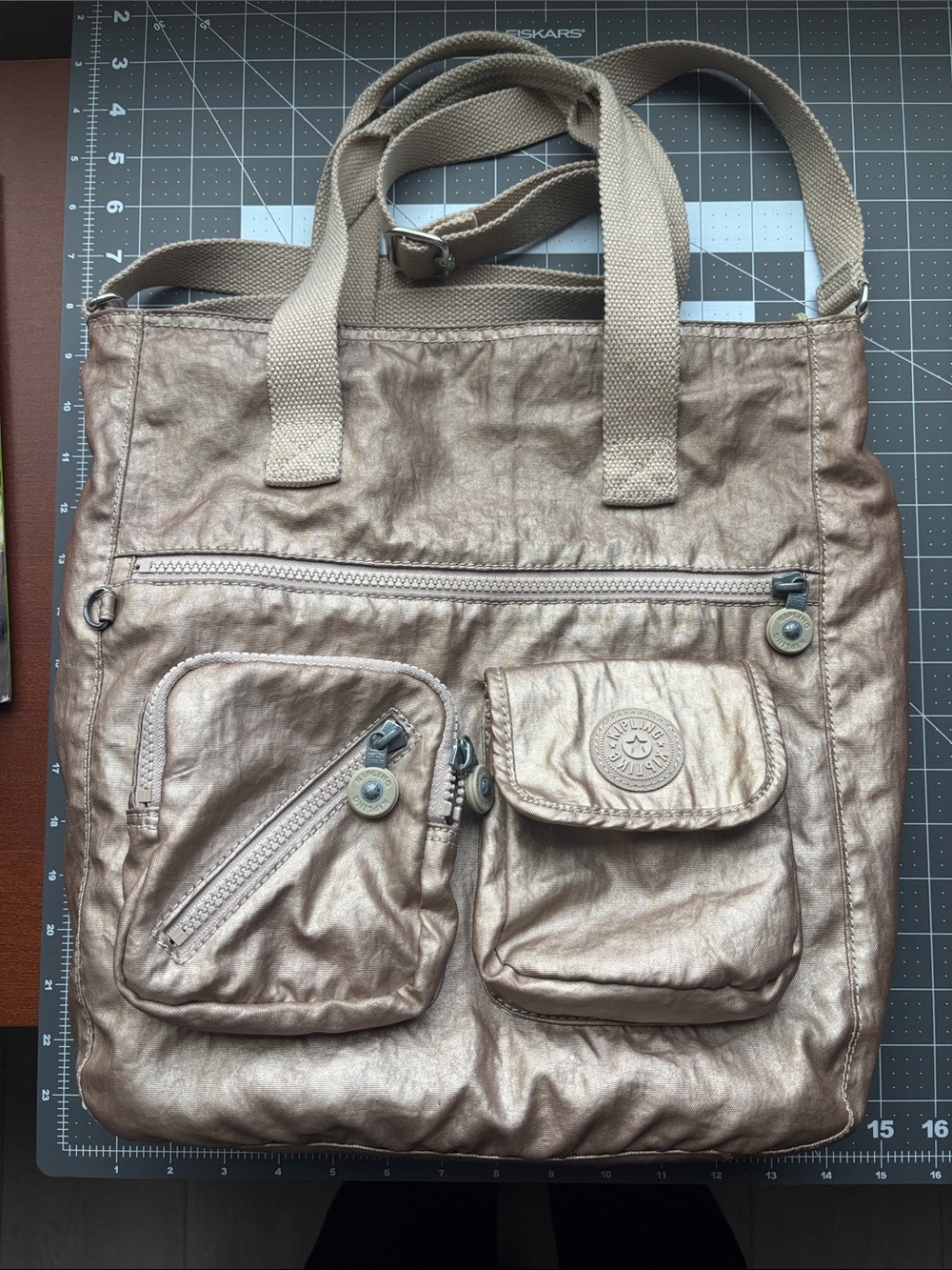 Kipling Metallic Taupe Crossbody, Laptop, Book,  Tote Bag with Front Pockets